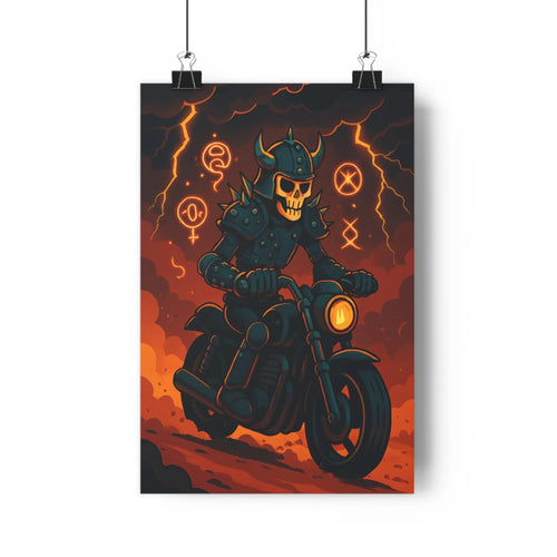 Poster sombre armure crêtes moto nuages foudres lumière électrique intense dramatique réaliste détails méticuleux chambre salon