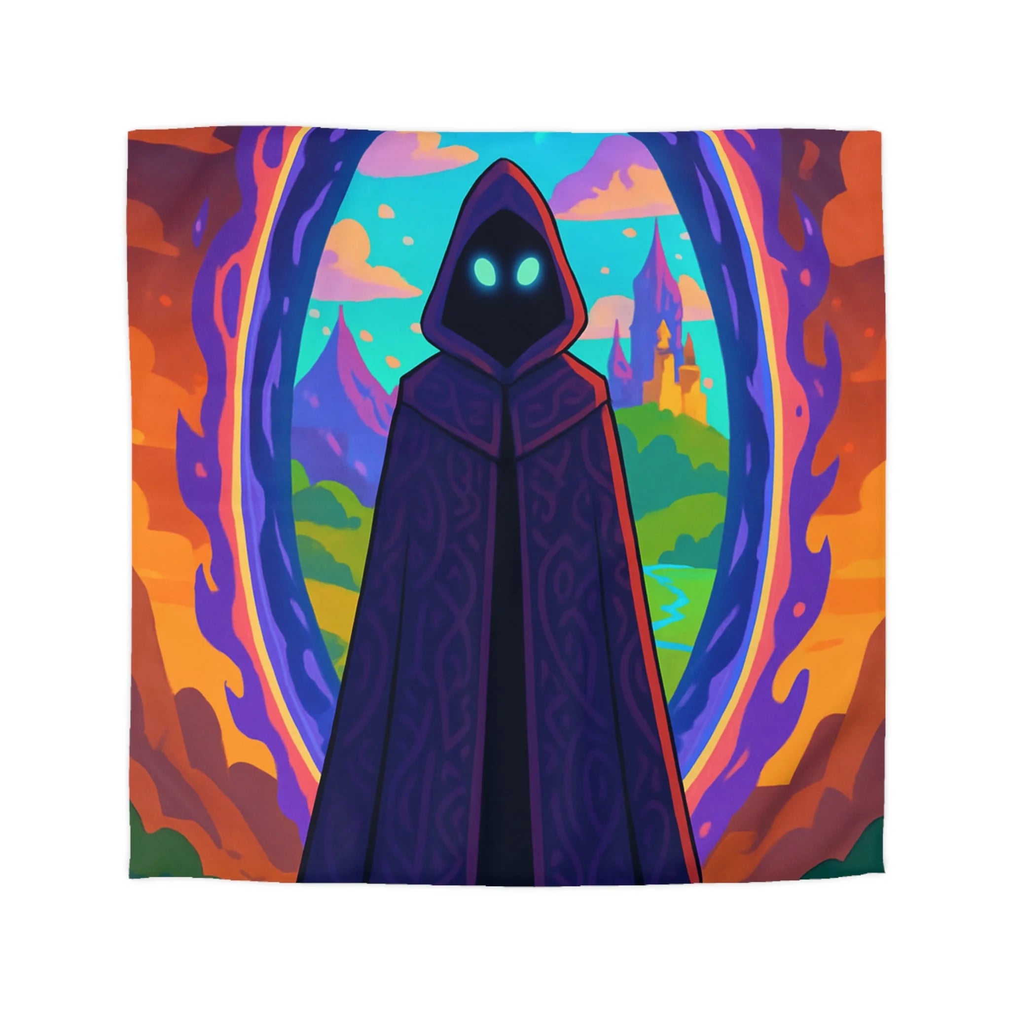 Mystérieux paysage enchanté avec mage en robe près du portail vibrant coloré