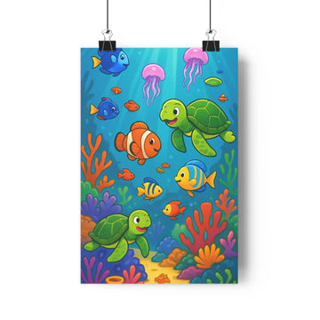 Poster sous marin tortues poissons coraux meduses bleu vert rouge cartoon joyeux vibrant festive chambre enfants