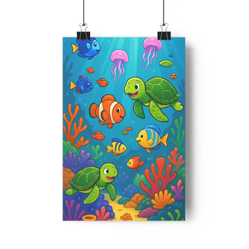 Poster sous marin tortues poissons coraux meduses bleu vert rouge cartoon joyeux vibrant festive chambre enfants