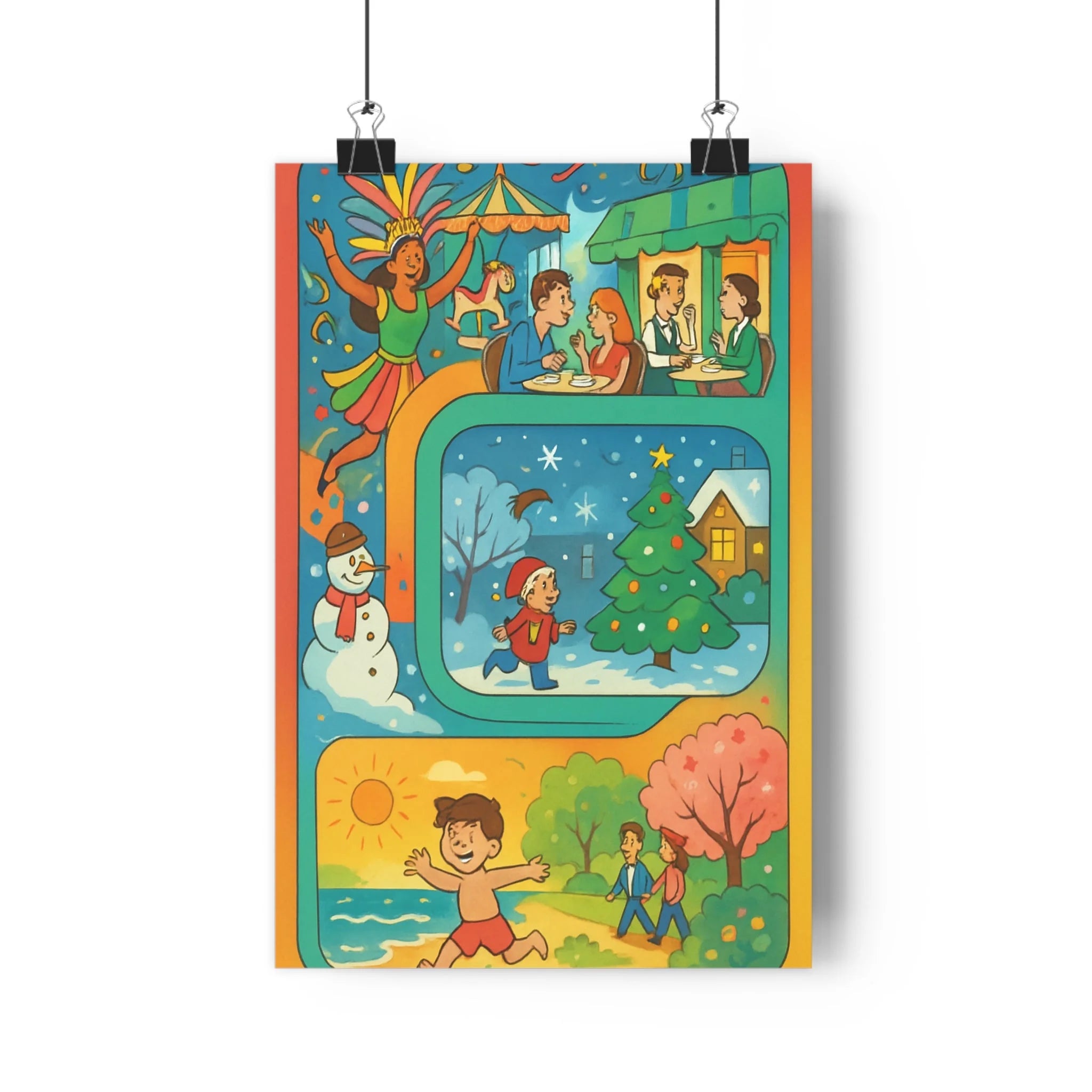 Poster décoratif coloré cartoon joyeux salon chambre enfant dynamique vibrant festif neige plage été