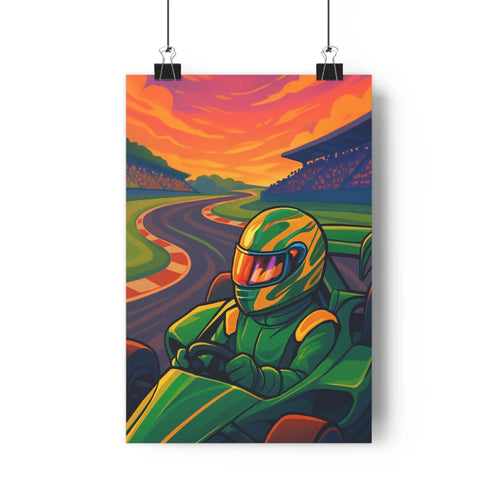 Poster pilote karting course piste virages public tribunes coucher soleil vert orange ambiance intense énergique style cartoon chambre salon