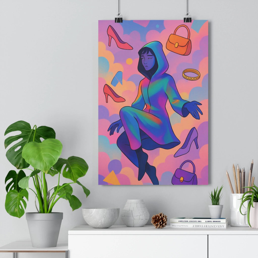 Poster moderne femme robe couleur nuages roses bleus accessoires mode talons hauts sac main bague ambiance festive élégante salon chambre