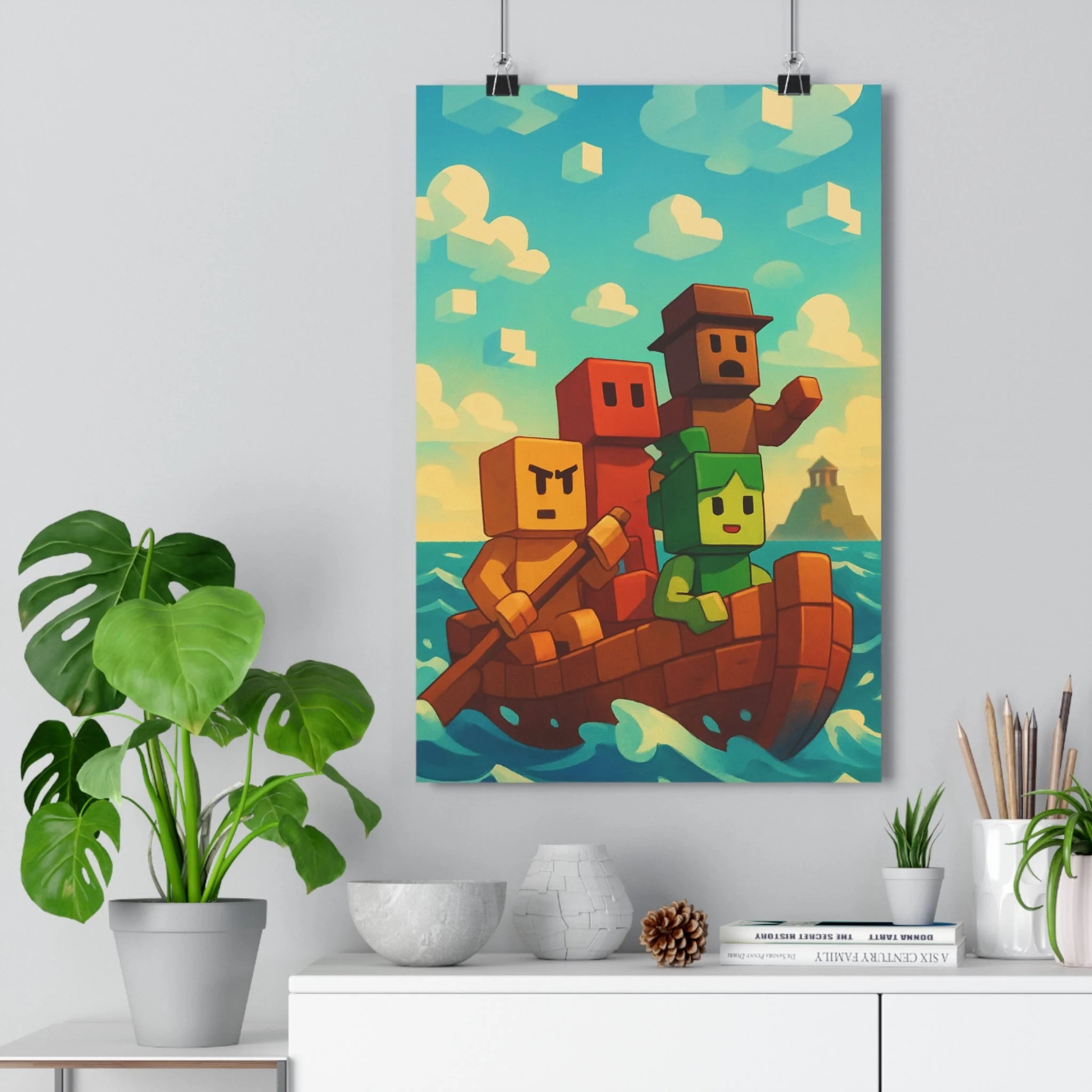 Poster décoratif aventure pixel art bleu vert chambre enfant moderne maritime captivant créatif unique