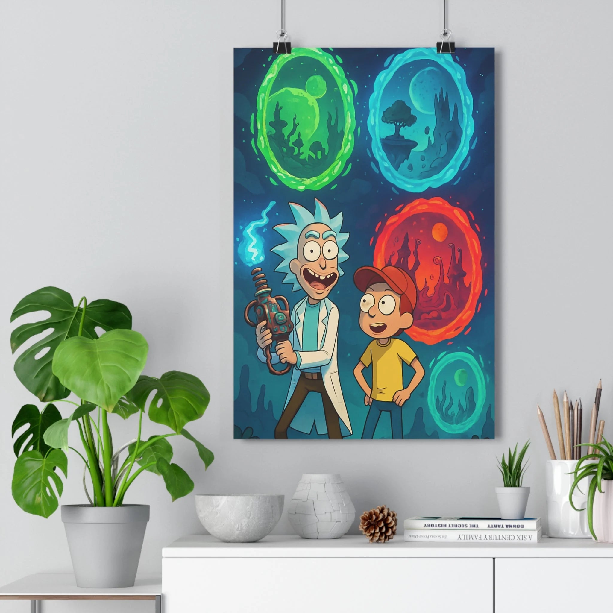 Poster décoratif coloré aventure mystique scientifique jeune garçon portails flottants vert rouge turquoise chambre