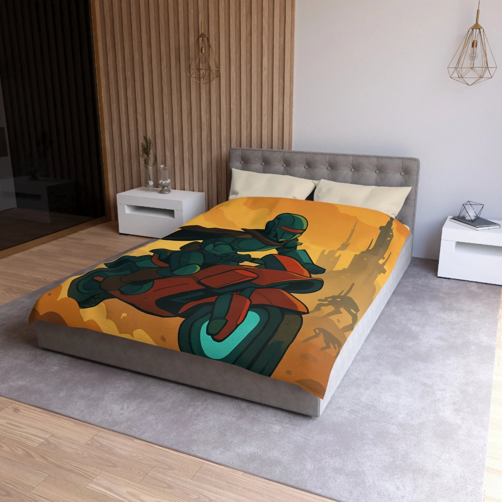 Housse de couette moto futuriste avec pilote en armure et paysage urbain orange