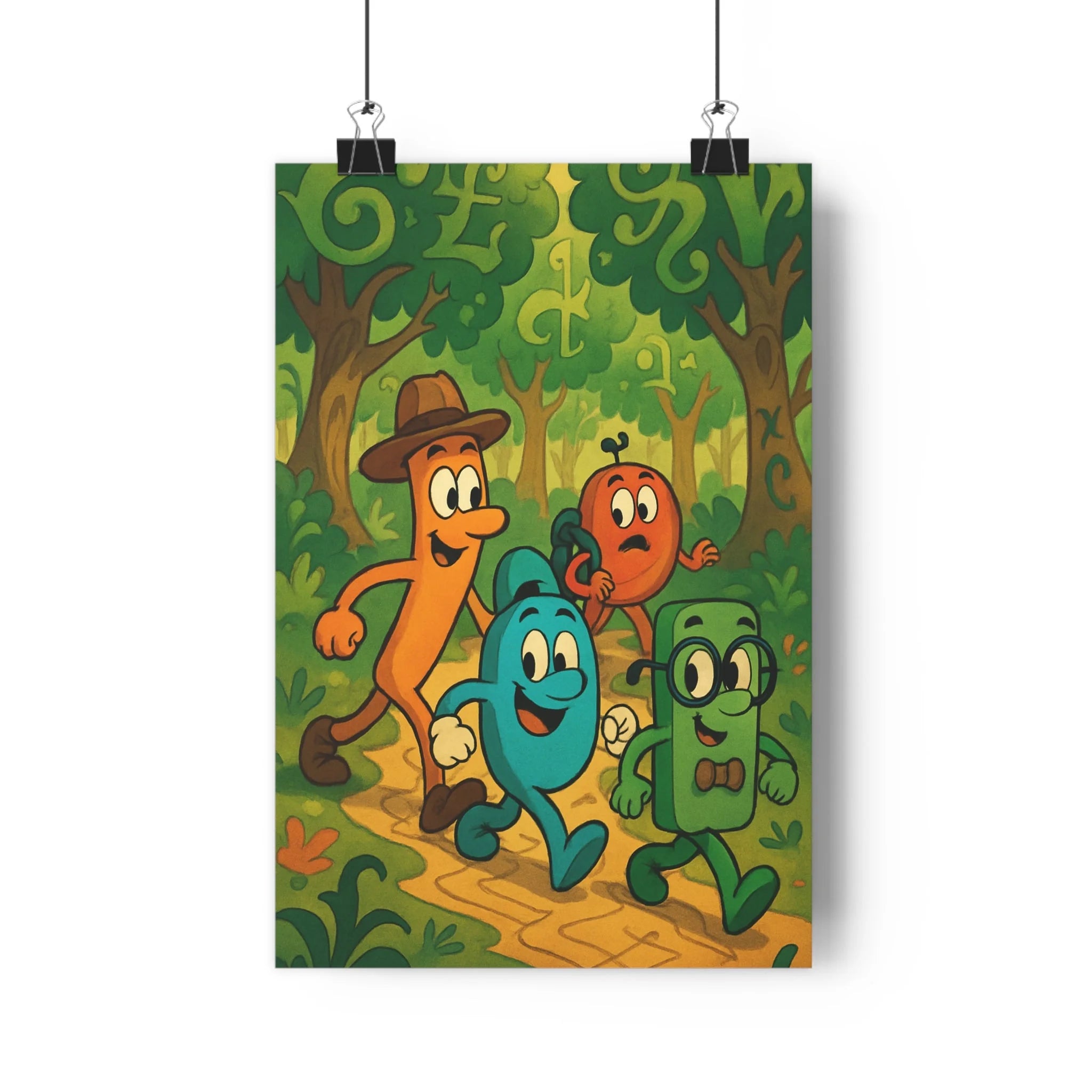 Poster décoratif enfants cartoon coloré forêt nostalgique années 80 aventure joyeux vibrant ludique chambre
