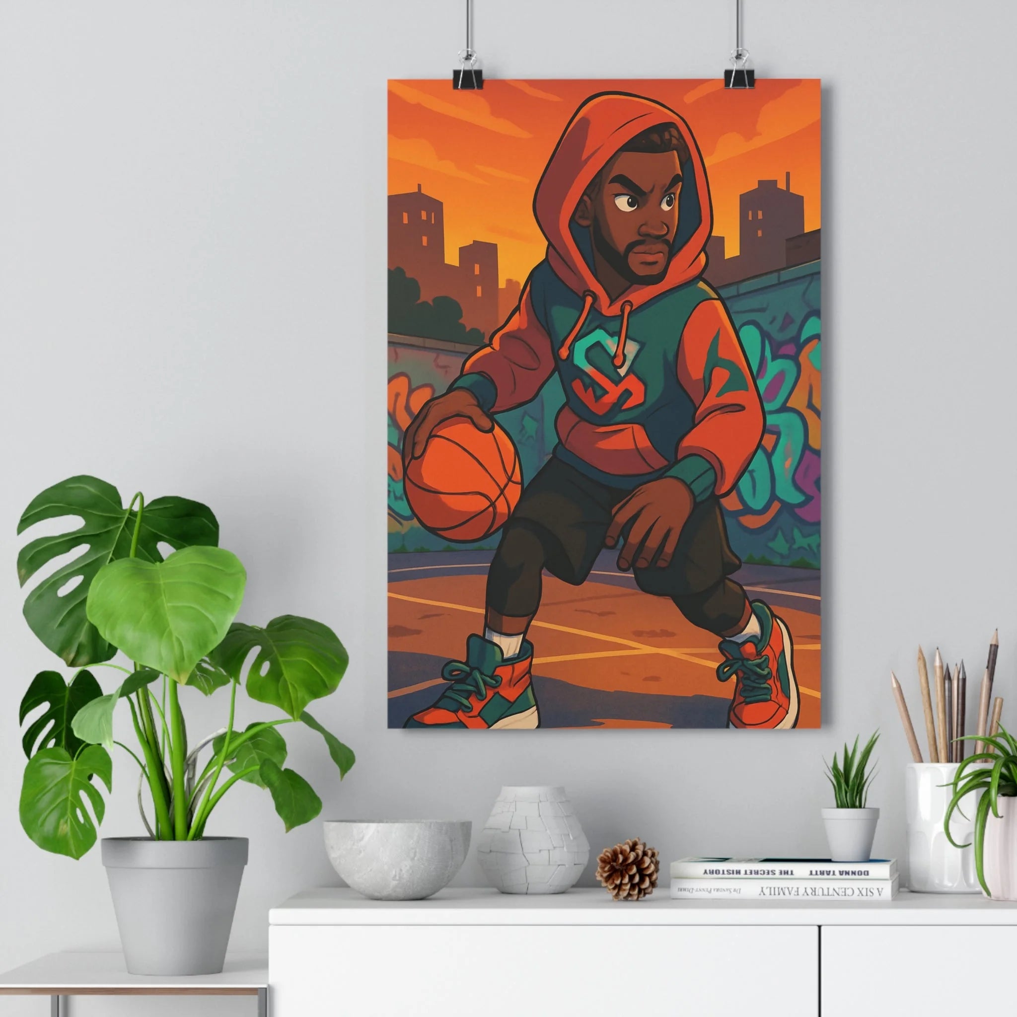 Poster décoratif basketball urbain orange bleu sweat capuche dynamique cartoon chambre adolescent sportif graffiti