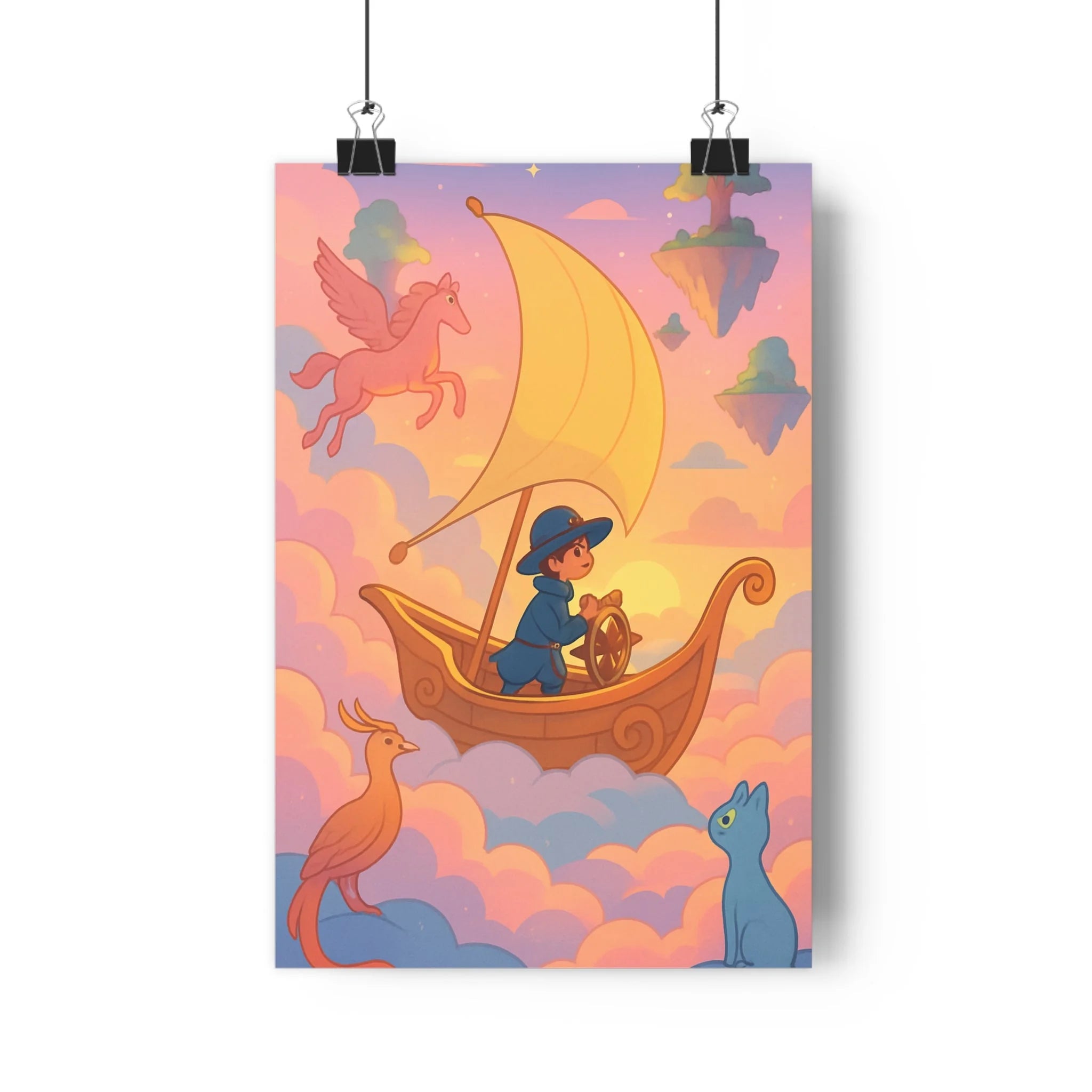 Poster décoratif pastel rose bleu rêveur aventure enfant moderne magique chambre salon tendance qualité