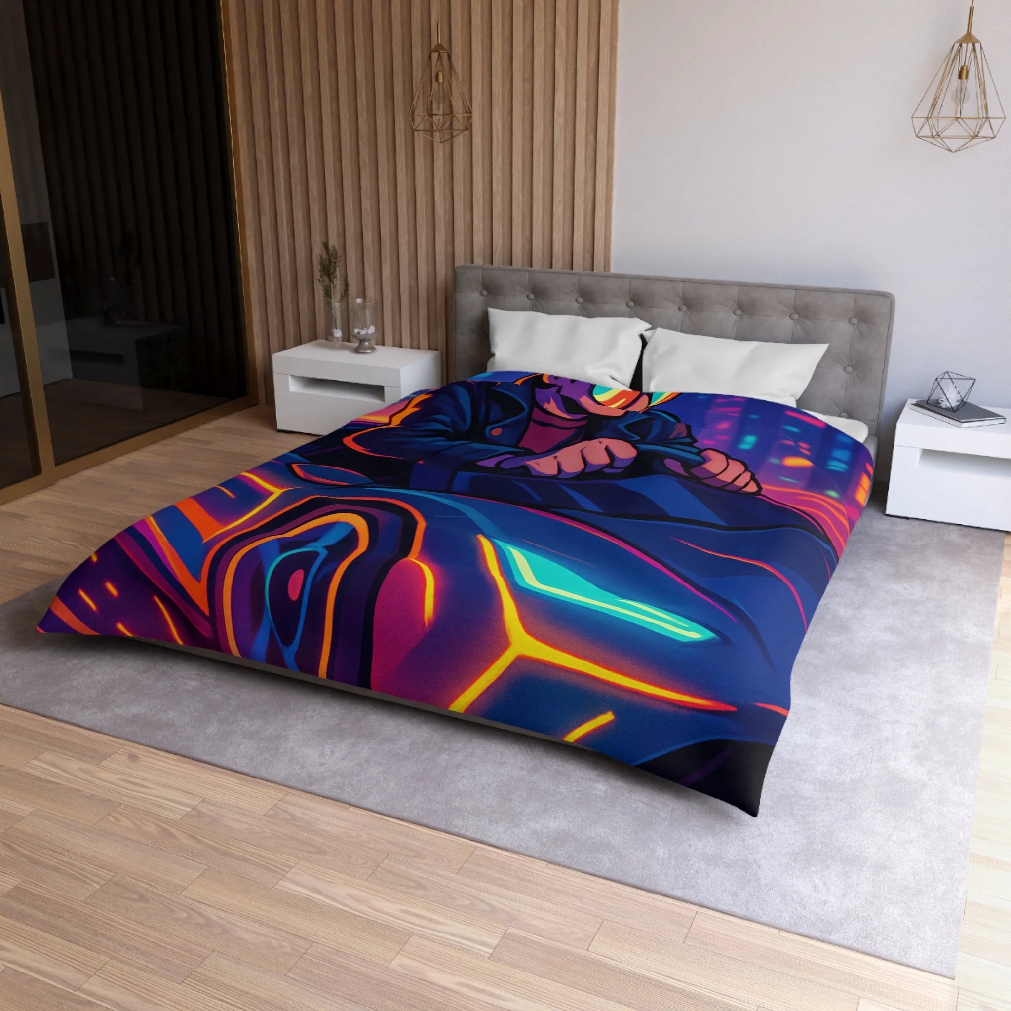 Housse de couette urbaine rétro futuriste avec néons et voiture sportive élégante
