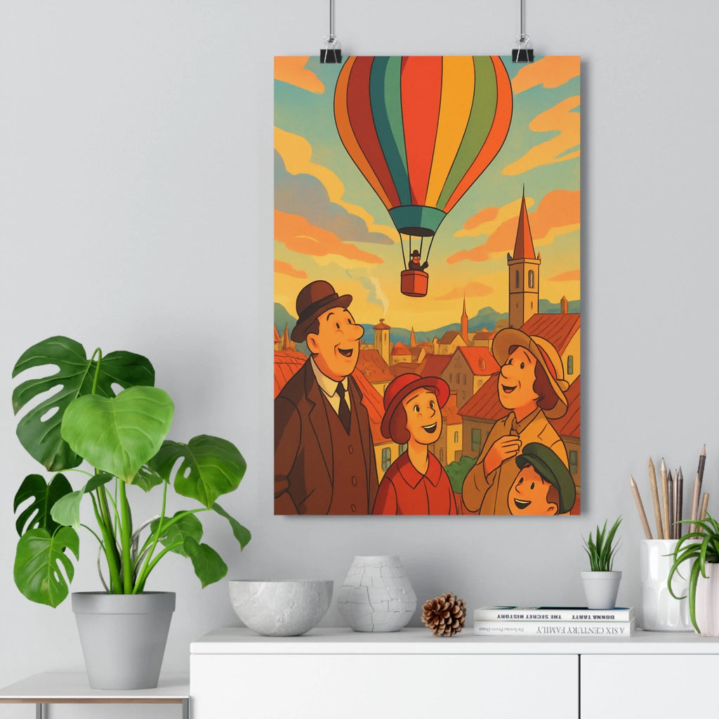 Poster décoratif rétro vintage montgolfière colorée nostalgique joyeuse ville ancienne salon chambre décoration murale