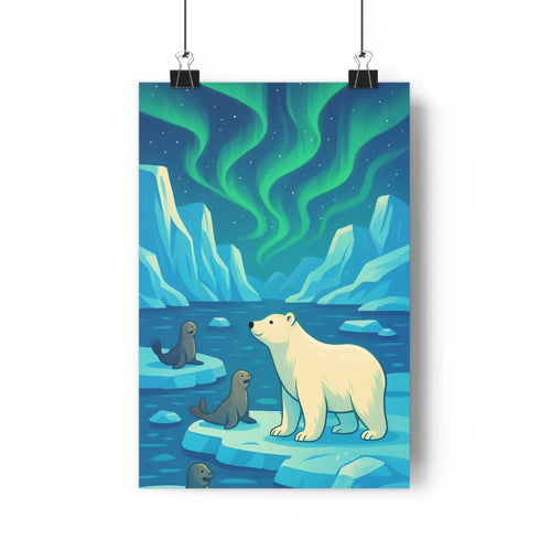 Poster ours polaire petits phoques aurore boréale glace montagnes arctique vert bleu blanc cartoon paisible chambre salon