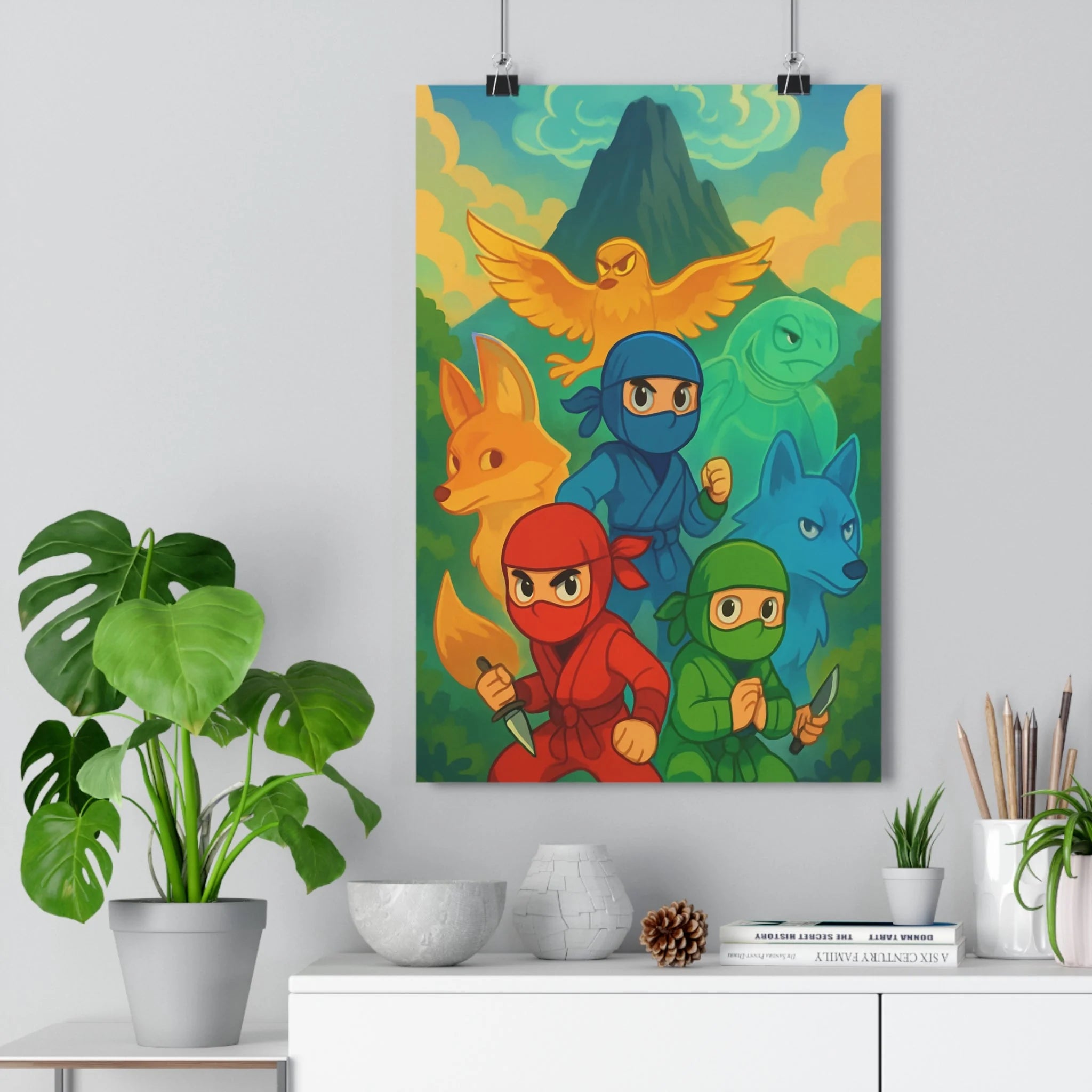 Poster décoratif mystique rouge bleu vert cartoon chambre enfant aventure format 30x46 montagne animaux
