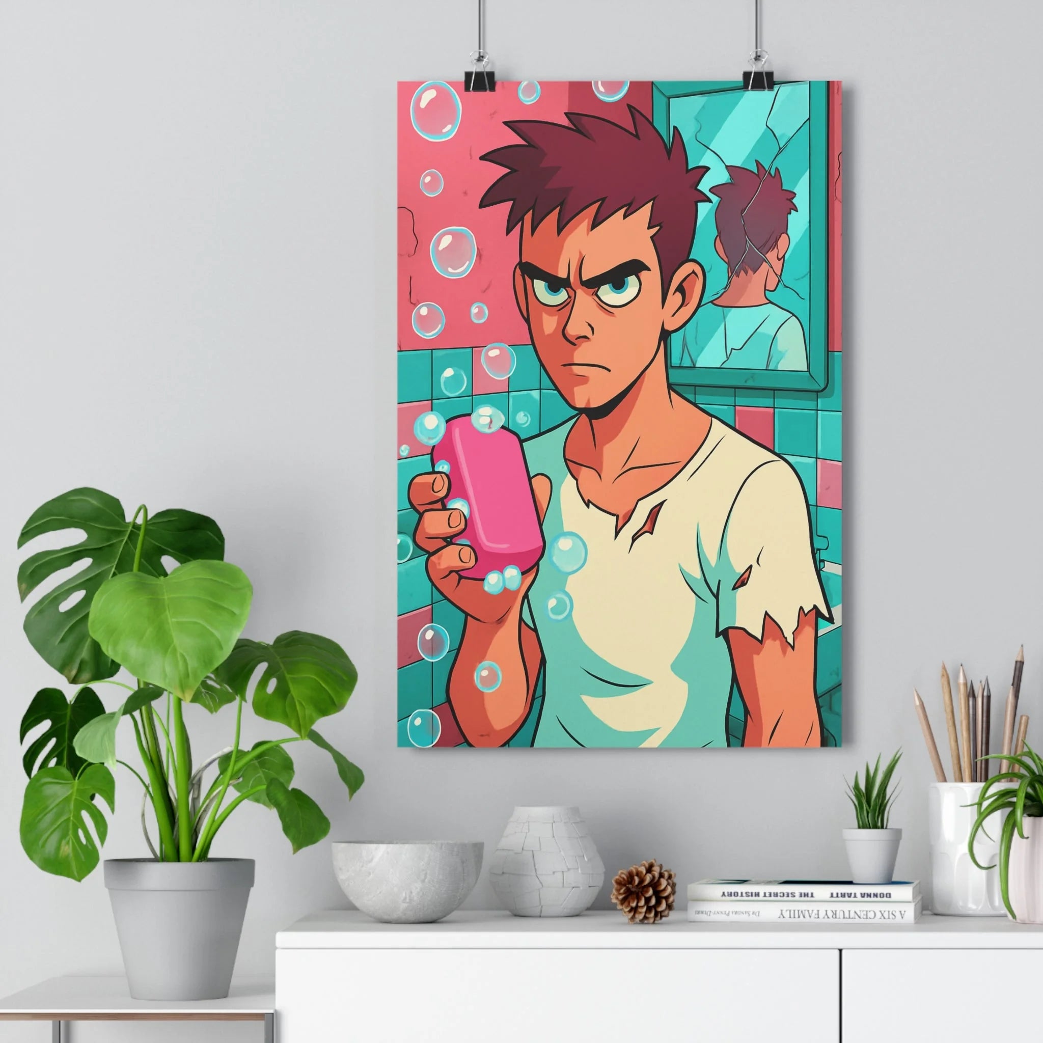 Poster décoratif cartoon rose vert salle bain ambiance ludique joyeux popart dynamique tendance mur