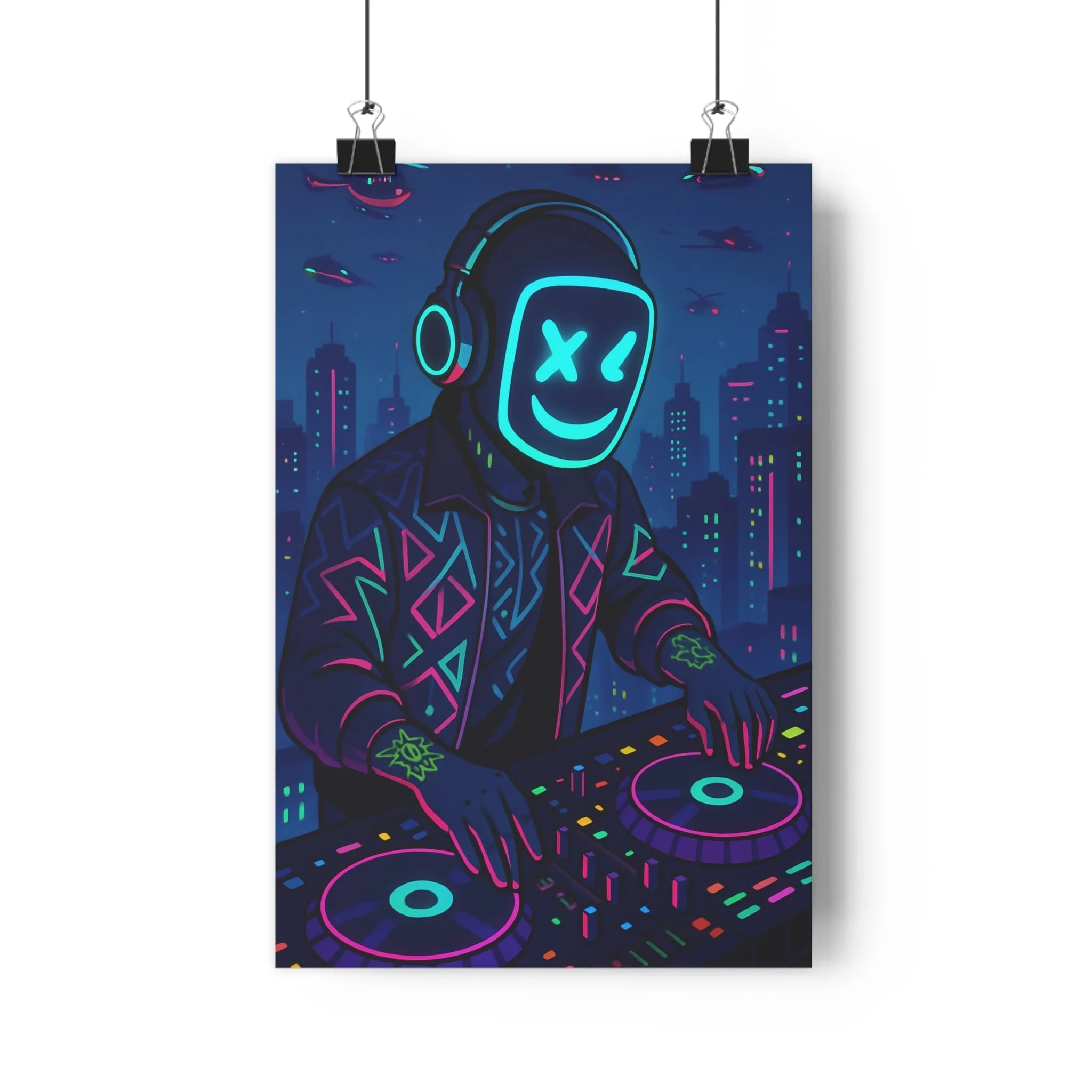 Poster décoratif moderne dj urbain néons lumineux bleu rose vert ambiance joyeuse chambre salon