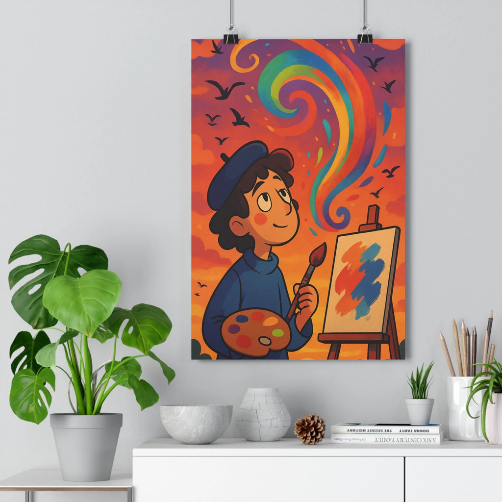 Poster décoratif artistique moderne coloré bleu orange violet rêveur salon chambre vibrant joyeux peinture