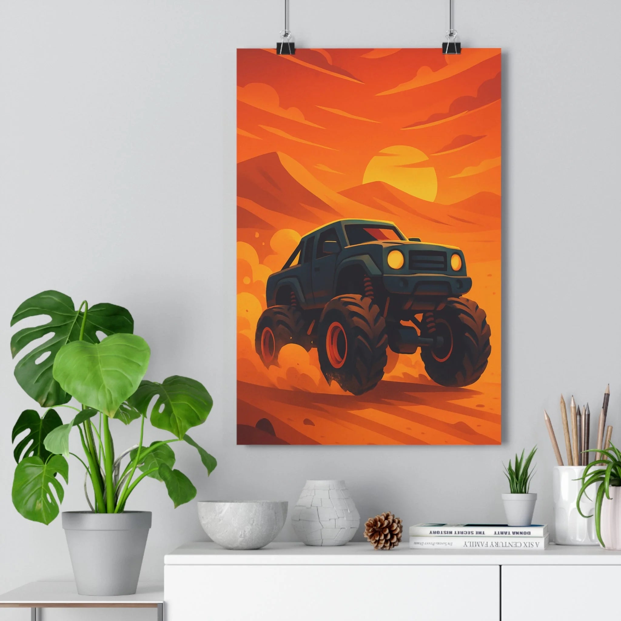 Poster décoratif aventure dessin animé véhicule sable jaune orange chambre enfant dynamique course désert