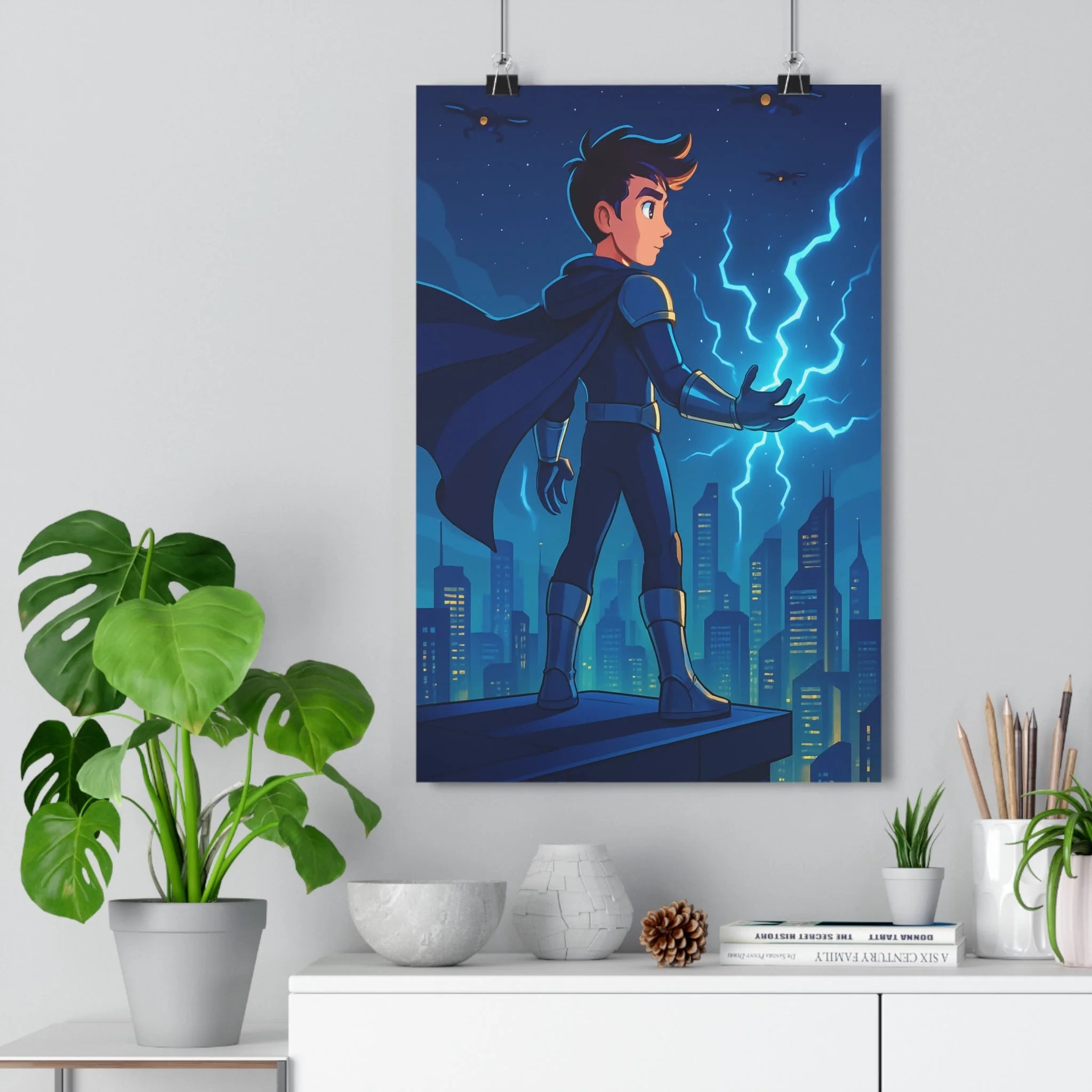 Poster décoratif superhéros moderne bleu noir urbain énergique chambre bureau enfant futuriste ambiance nocturne