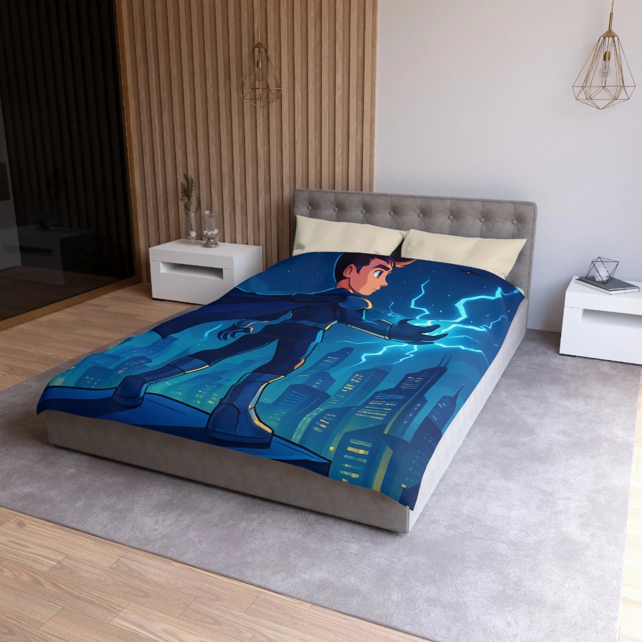 Housse de couette super-héros nocturne avec pouvoirs électriques et drones futuristes urbains