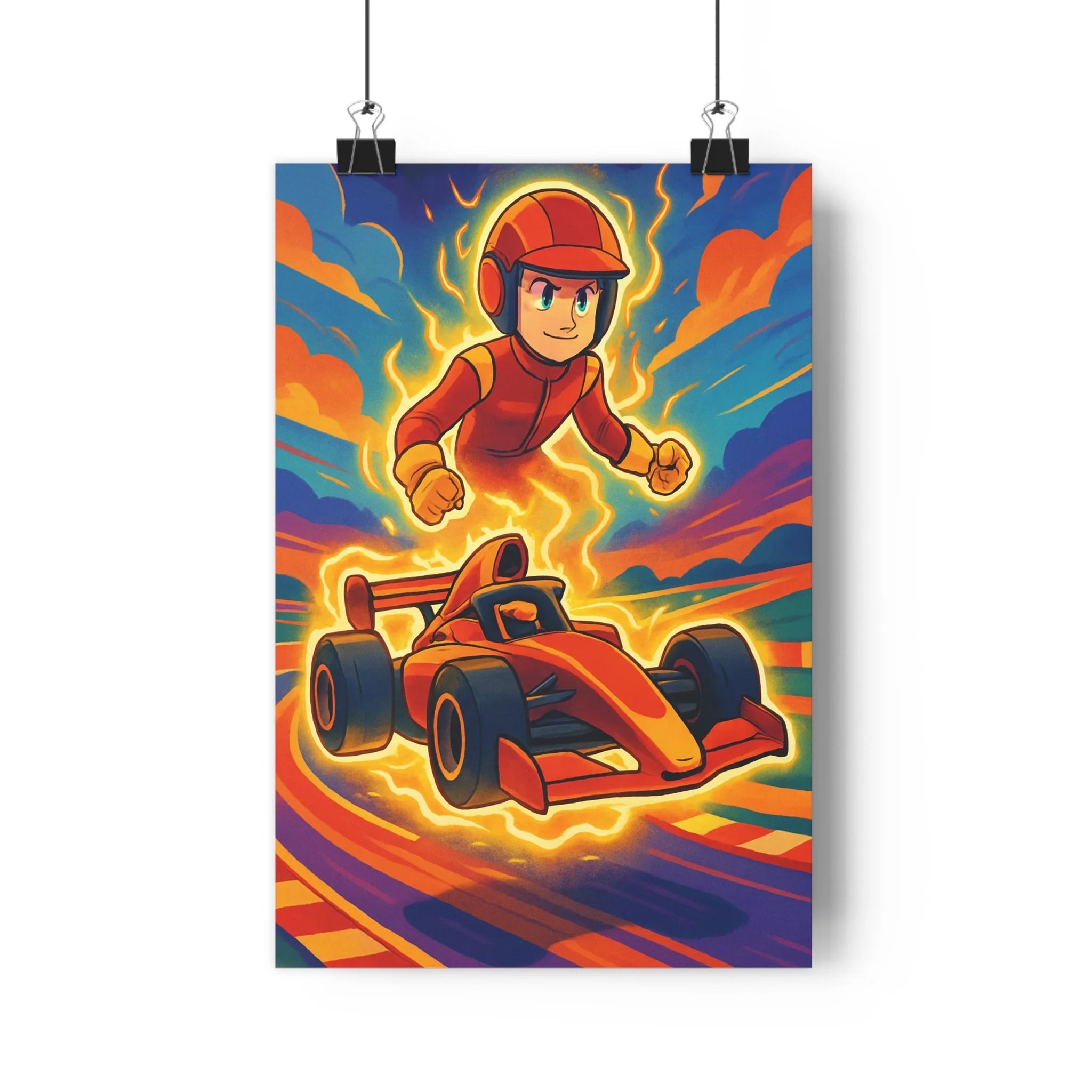 Poster décoratif cartoon rouge orange bleu dynamique chambre enfant énergie moderne pilote voiture qualité