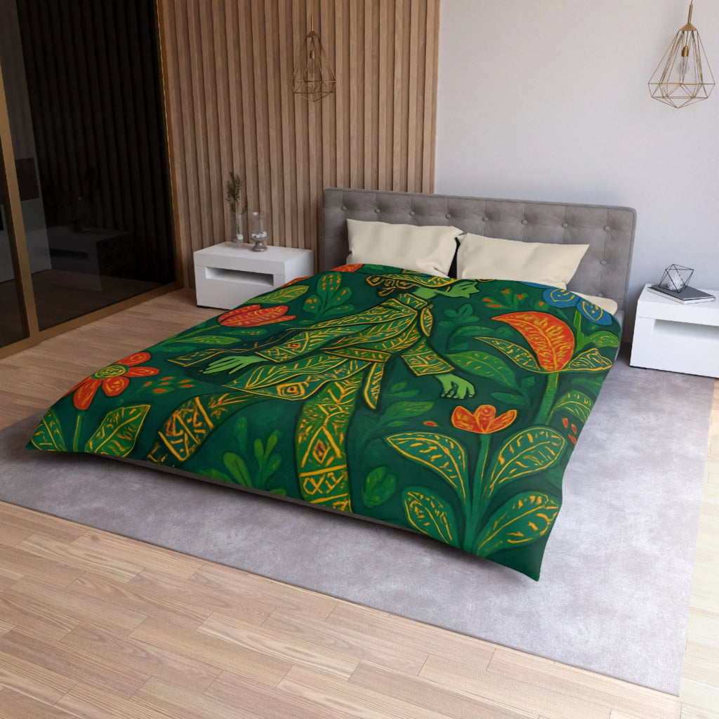 Housse de couette vibrante avec motif botanique et personnage en marche serein