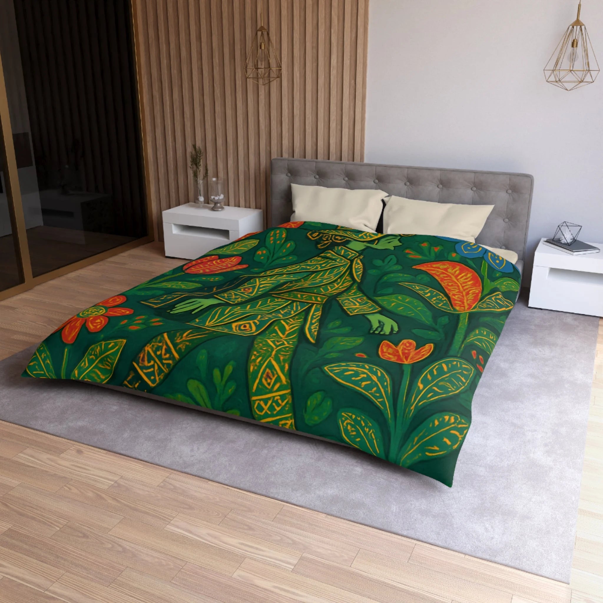 Housse de couette vibrante avec motif botanique et personnage en marche serein