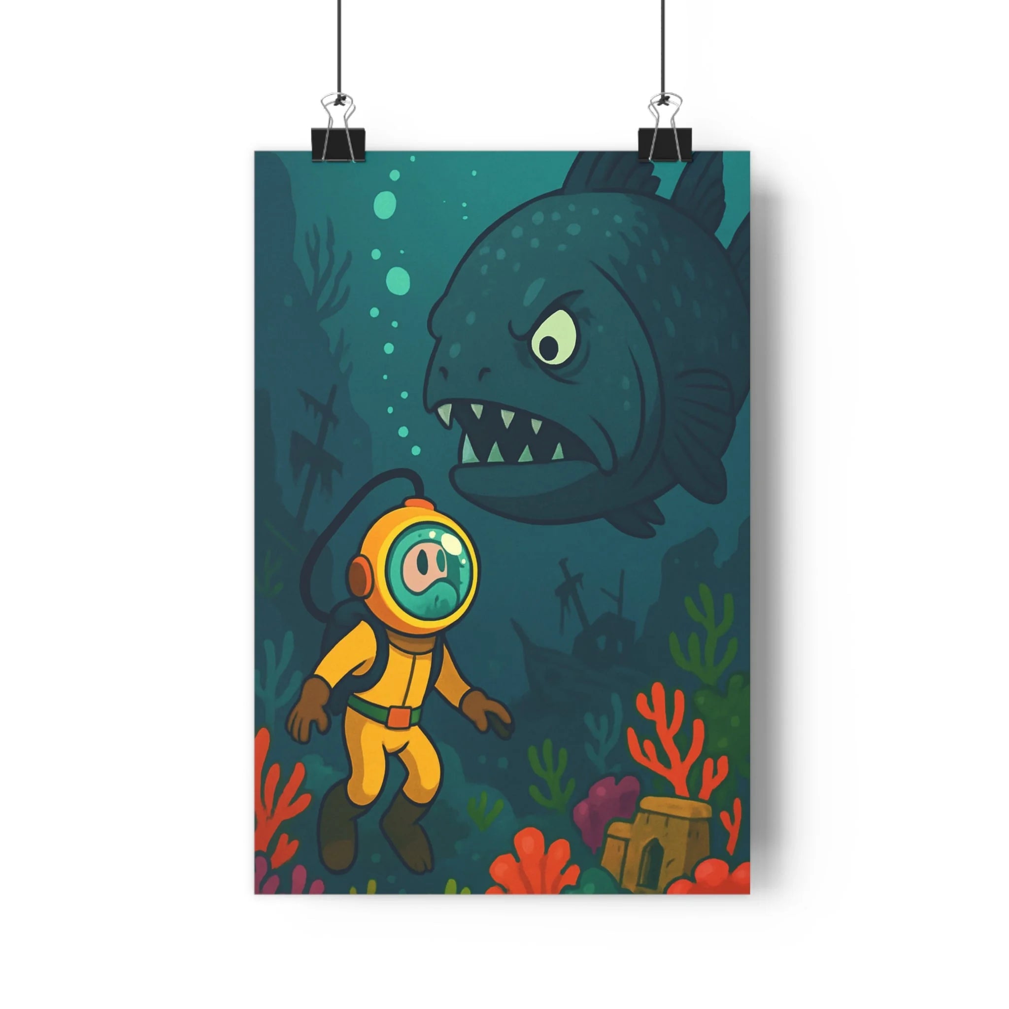 Poster décoratif cartoon rétro bleu rouge orange aventure intérieur chambre salon enfant plongeur poisson