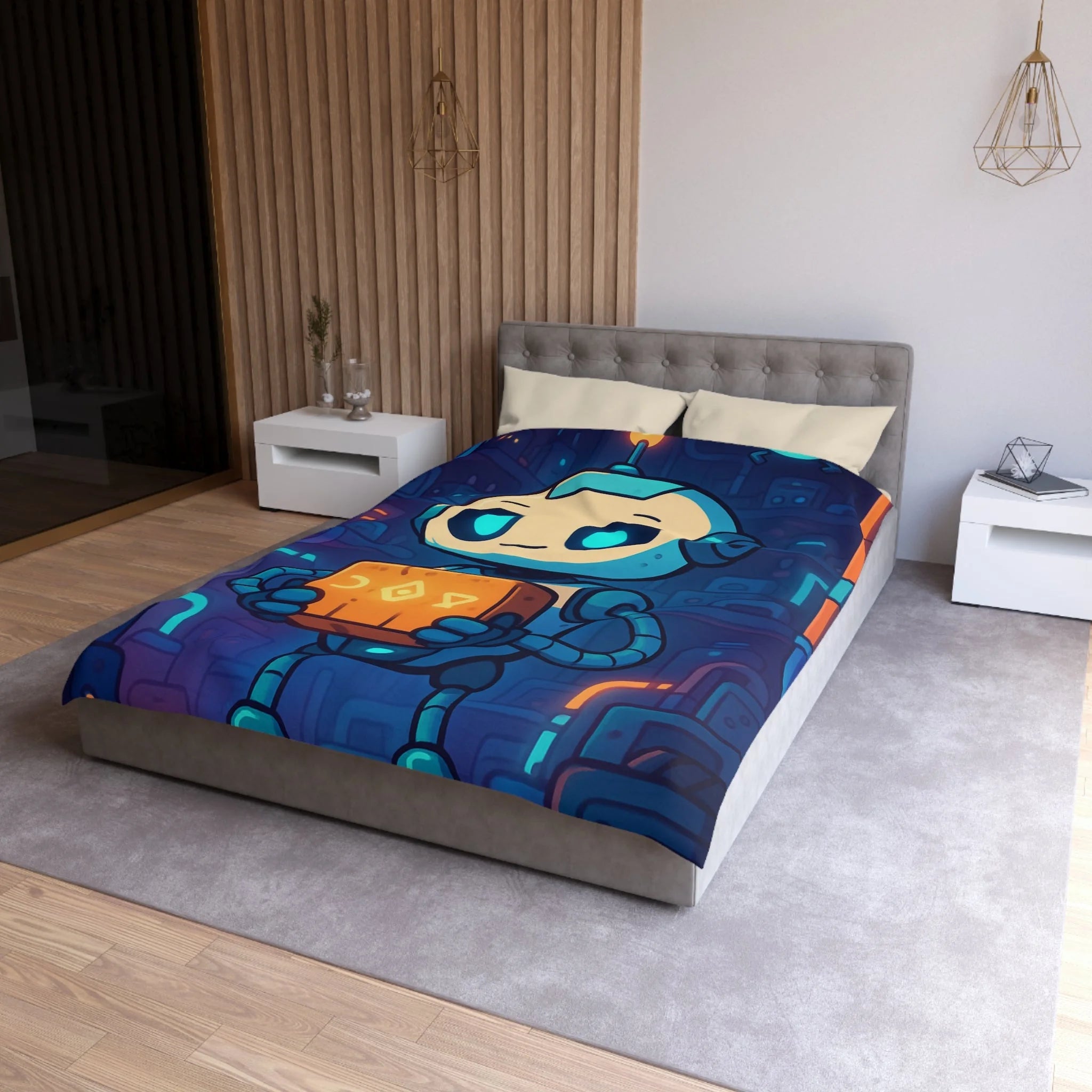 Housse de couette robot ludique bleu avec boîte mystérieuse ambiance futuriste enfantine