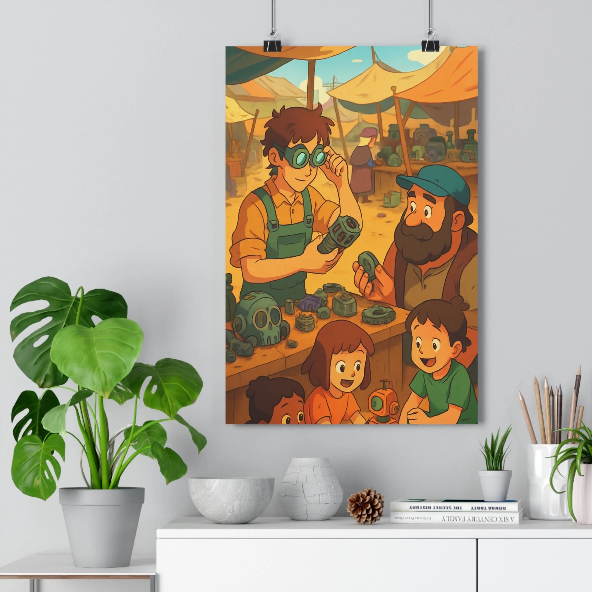 Poster décoratif anime vibrant couleurs chaudes joyeux marché futur aventure chambre enfants salon qualité