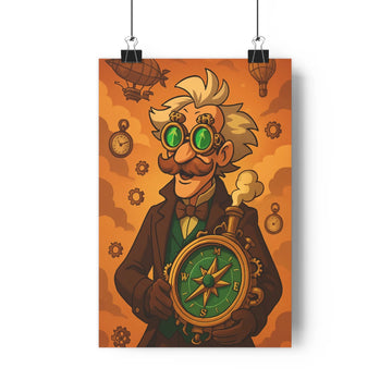Poster steampunk aventurier lunettes moustache boussole mécanique nuages montres engrenages ballons dirigeables orange chaud salon chambre bureau