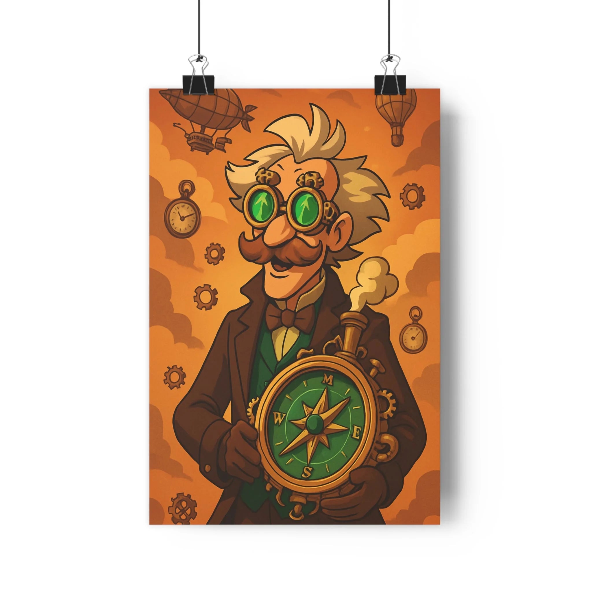 Poster décoratif steampunk vintage orange rétro aventure salon chambre bureau lunettes boussole mécanique dirigeable