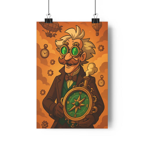 Poster steampunk aventurier lunettes moustache boussole mécanique nuages montres engrenages ballons dirigeables orange chaud salon chambre bureau