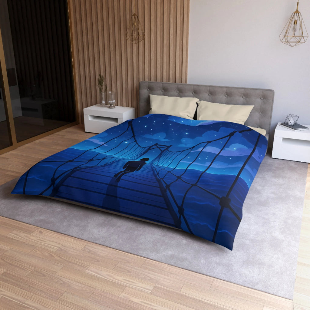 Housse de couette pont étoilé avec silhouette sous ciel nocturne bleu profond