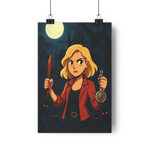 Poster femme blonde veste rouge poignard cadran lune gothique bâtiments ombres douces yeux rouges mystère nuit ambiance spéculative chambre salon