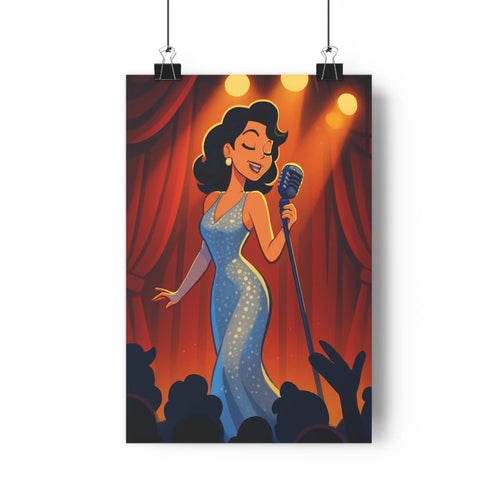 Poster chanteuse robe bleue microphone projecteurs jaunes rideaux rouges public silhouettes ambiance festive style cartoon couleurs vives salon évènementiel