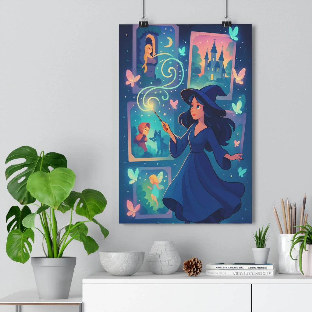 Poster sorcière robe bleue baguette magique tableau scènes féminines château lune papillons coeurs ambiance enchantée style cartoon couleurs pastel chambre