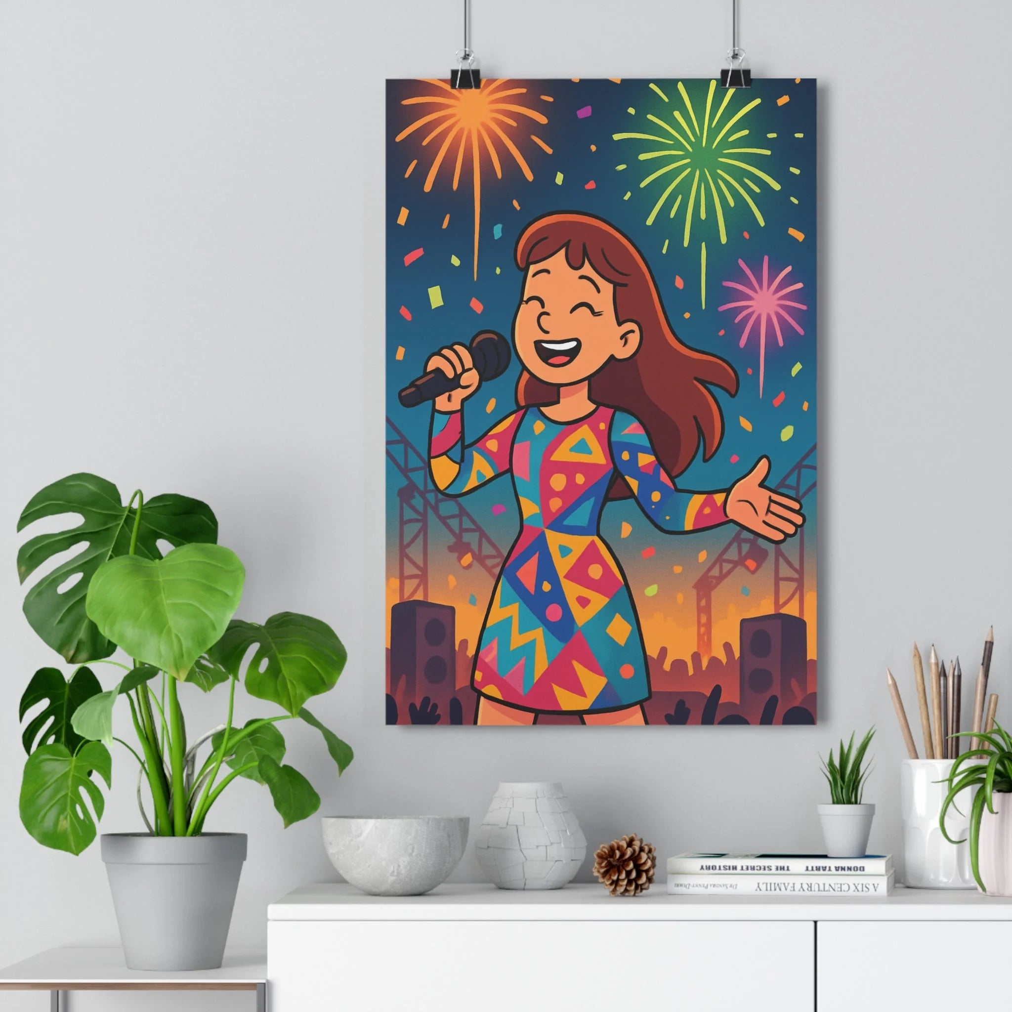 Poster décoratif chanteuse concert multicolore moderne joyeux chambre musique scène artistique vibrant tendance lumineux