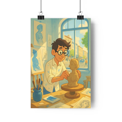 Poster artiste sculpteur concentré peinture lunettes chemise blanche atelier créatif plantes mur blanc fenêtre rue animée couleurs douces style graphique