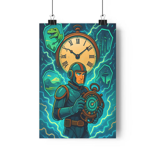 Poster futuriste horloges bleu vert dinosaure tableau pinces linge pomme moderne technologie mystère électricité
