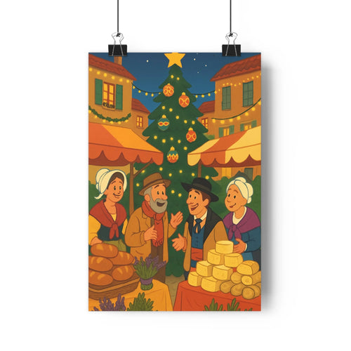 Poster marché nocturne arbre noël personnages pains fromages toits inclinés guirlandes lumineuses plantes vertes couleurs vives ambiance festive rustic décor