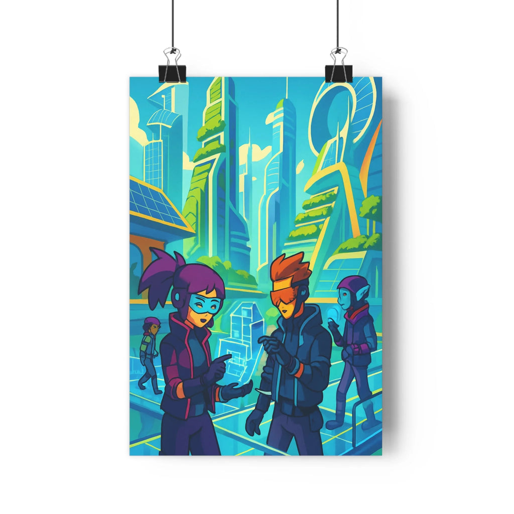 Poster décoratif futuriste animé bleu vert dynamique cyberpunk chambre bureau moderne 30x46 vibrant ville
