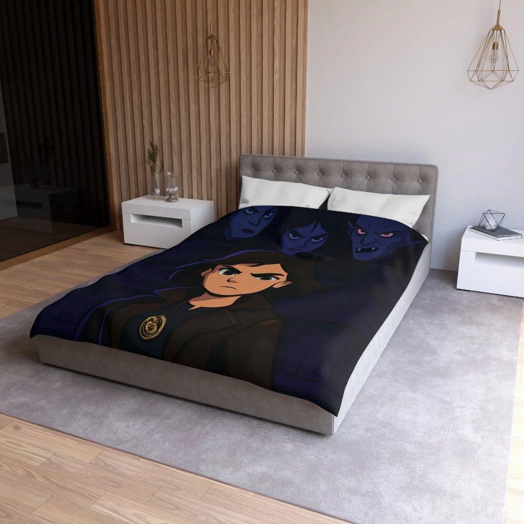 Housse de couette mystérieuse avec personnage sombre et biblio-thème style graphique