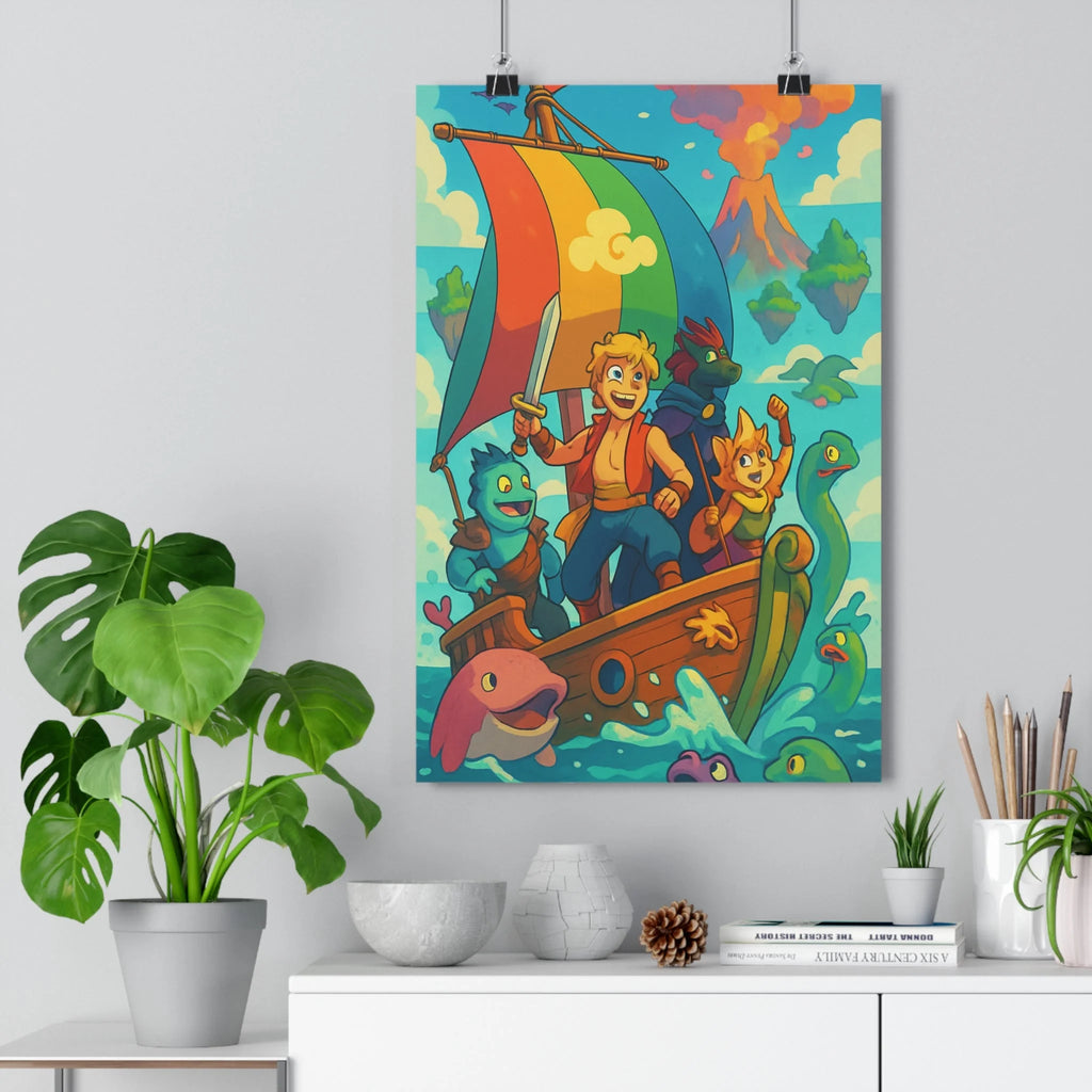 Poster aventure marine personnages fantastiques bateau floral vagues bleues nuages jaunes volcans en éruption couleurs vives style cartoon expressions joyeuses