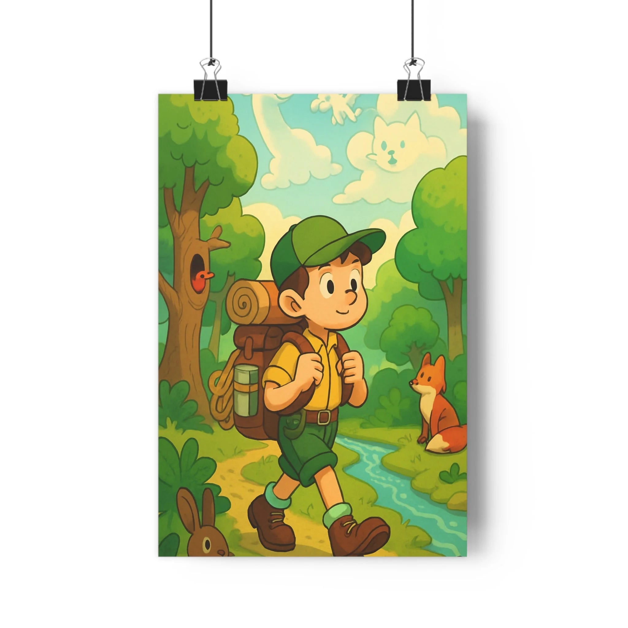Poster décoratif enchanté forêt garçon aventure randonneur cartoon joyeux chambre enfant coloré animal fantaisie