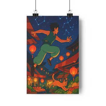 Poster vibrant scène nocturne marché aventure jeunesse lanternes fruits légumes ombres bleu nuit étoiles ambiance festive vivante chambre salon