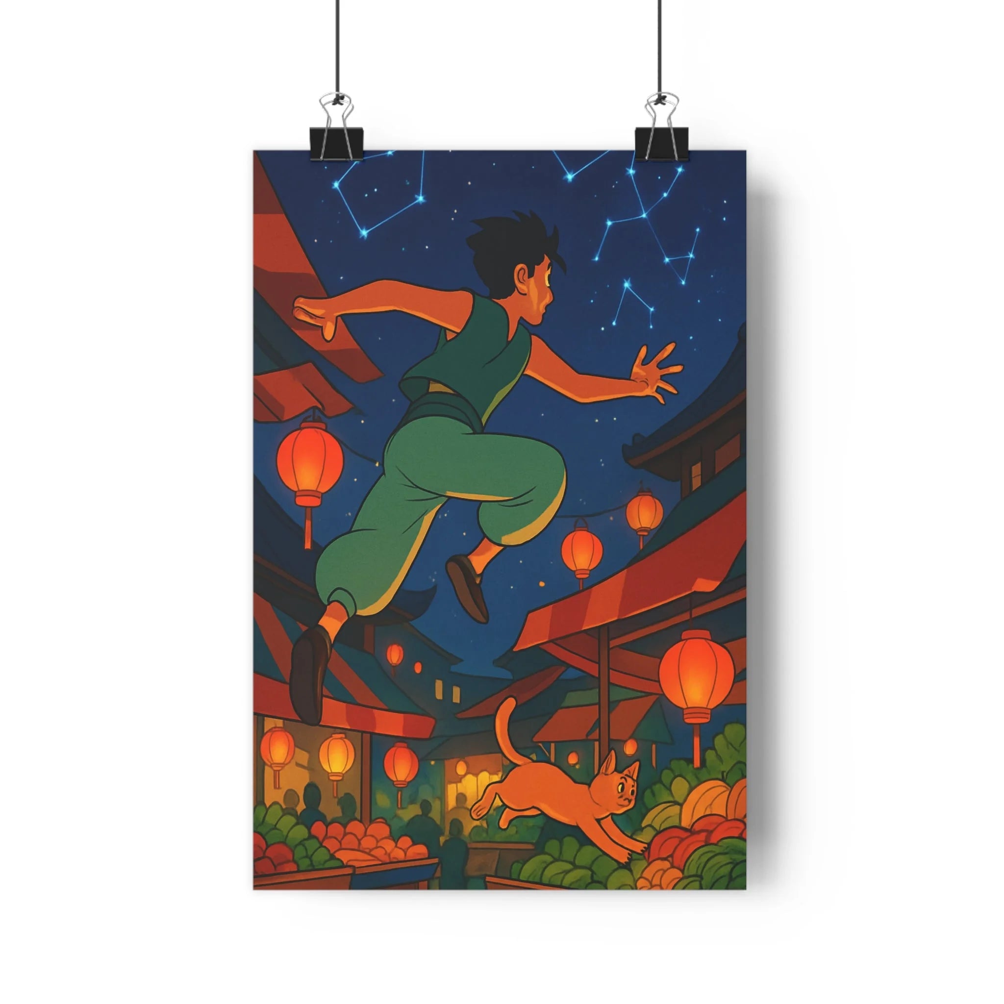Poster décoratif vibrant scène nocturne aventure magique enfant chat étoilé chambre fantaisie couleurs rêveur