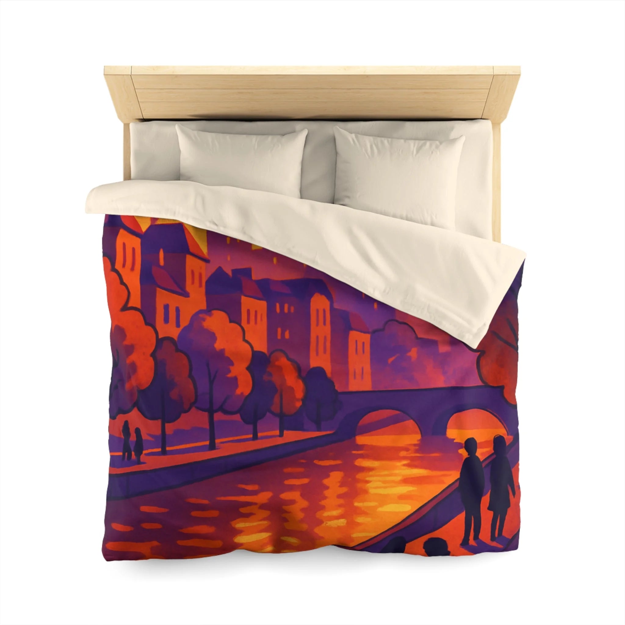Vibrant paysage urbain crépusculaire avec silhouettes et rivière pour housse de couette