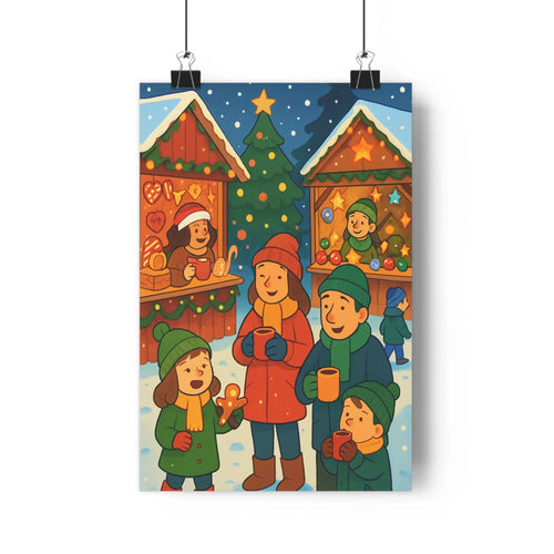 Poster festif marché noël enfants adultes vêtements chauds gâteaux bois étoiles dorées sapins guirlandes lumineuses ambiance joyeuse conviviale chambre salon