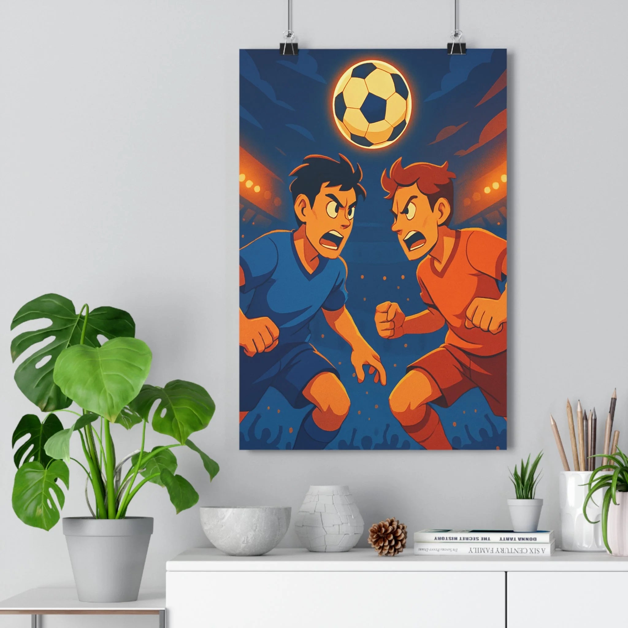 Poster décoratif manga football bleu orange dynamique salon chambre énergie sportive intense compétition qualité
