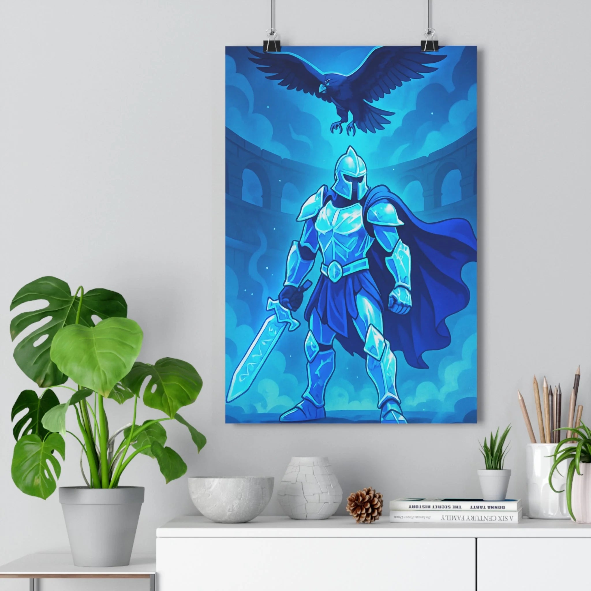 Poster décoratif fantastique mystique bleu guerrier épée oiseau chambre salon animé aventure magique qualité